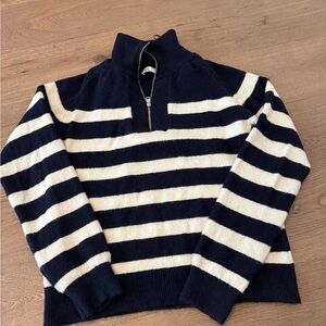 Zara Navy and Cream Striped V-Neck Half-Zip Sweater
